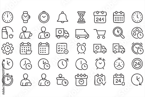 Clock and Calendar Line Icons for Productivity and Time Planning