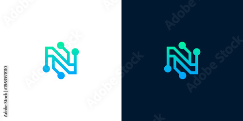Modern abstract letter N logo design with integrated network connections. Symbolizing digital technology, advanced data systems, and communication for innovative brand identity