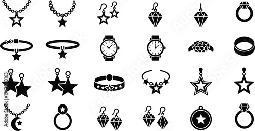 Collection of black and white jewelry and accessories icons.