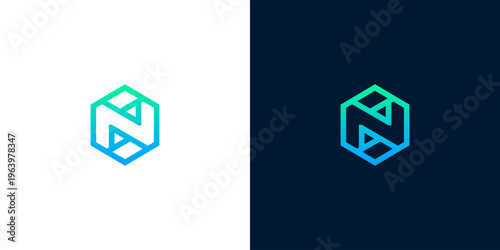 Sleek and dynamic letter N logo design, abstractly integrated within a geometric hexagon, featuring a modern gradient for professional branding and digital identity solutions