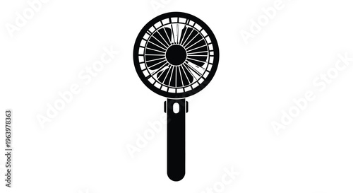 A minimalist black and white illustration depicts a handheld electric fan with a circular head and handle high quality professional detailed