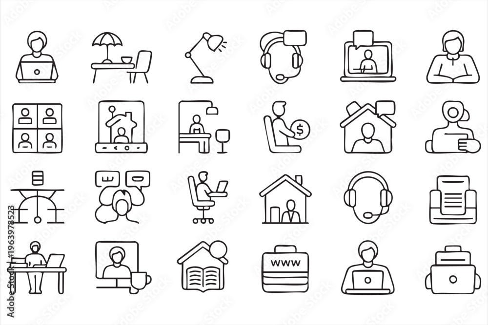 Fototapeta premium Remote work and online communication line icons for home office and digital business