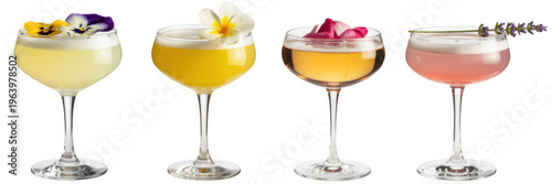 Four cocktails with different colors and garnishes isolated on a transparent background
