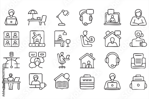 Remote work and online communication line icons for home office and digital business
