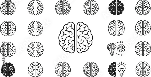 Brain creativity idea icon collection, intelligence vector artwork set, innovation design graphic, cognitive illustration symbol, flat vector illustration