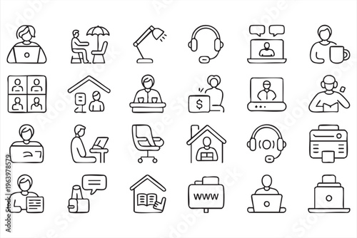Virtual collaboration and remote office outline icons set for freelance workflow