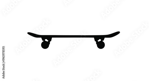 A stark black silhouette depicts a skateboard showcasing its deck trucks and wheels against a white background high quality professional detailed