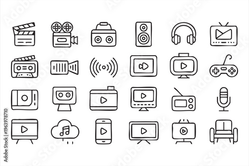 Entertainment and multimedia line icons for gaming music and video platforms