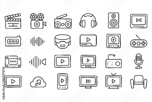 Cinema music and streaming line icons set for entertainment and media projects