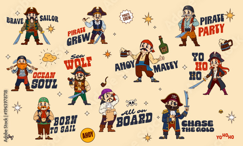 Funky y2k groovy pirate and corsair characters stickers. Cartoon vector patches Brave sailor, pirate crew, pirate party and ocean soul. Sea wolf, ahoy matey and yo ho ho, born to sail, all on board