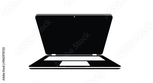A stark black silhouette of an open laptop computer is presented against a clean white background conveying simplicity high quality professional