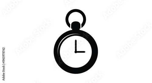 A simple black and white illustration depicts a classic pocket watch with a chain showing the time at one o clock