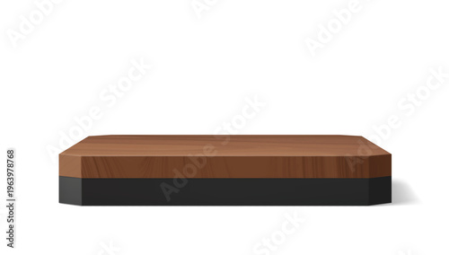 Realistic 3d wooden podium stage with black plate, cosmetic product promotion stand pedestal. Vector rectangular display with natural wood texture and platform. Empty stage for modern presentation