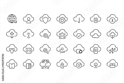 Cloud services and server infrastructure outline icons for IT and technology design