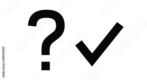 A simple graphic displays a black question mark alongside a black checkmark on a white background high quality professional detailed modern