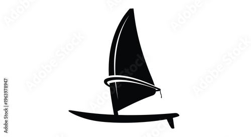 A minimalist black and white illustration depicts a sailboat with a single sail gliding across an unseen body of water