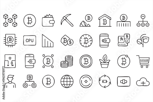 Blockchain technology and crypto payment icons for digital economy solutions