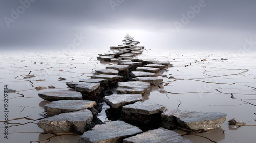 Frozen stones form a winding path through shallow water