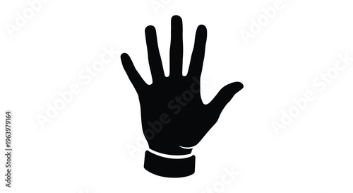 A stark black silhouette depicts an open human hand with fingers extended signaling a stop or halt high quality professional detailed