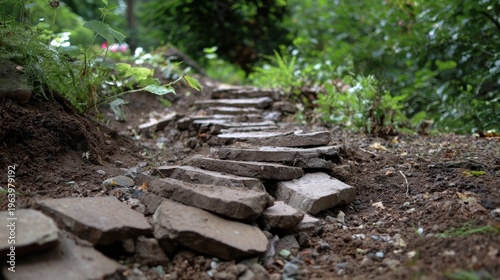 Rustic stone path winds through greenery