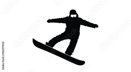 A silhouetted snowboarder is captured mid air performing a trick with arms extended and board angled high quality professional detailed modern