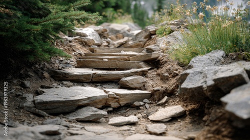 Stone steps wind through rugged mountain terrain
