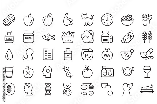 Healthy eating and nutrition line icons for wellness and medical diet plans