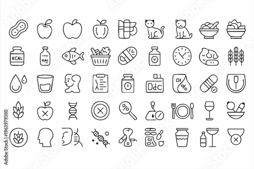 Healthy eating and nutrition line icons for wellness and medical diet plans