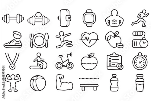 Fitness and gym line icon set for workout training and healthy lifestyle