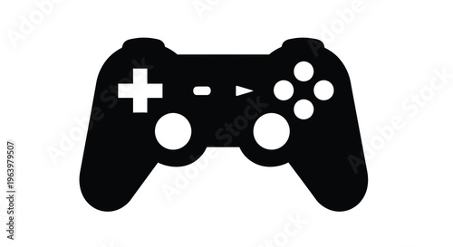 A simple black silhouette depicts a modern video game controller showcasing its buttons directional pad and grips high quality professional detailed