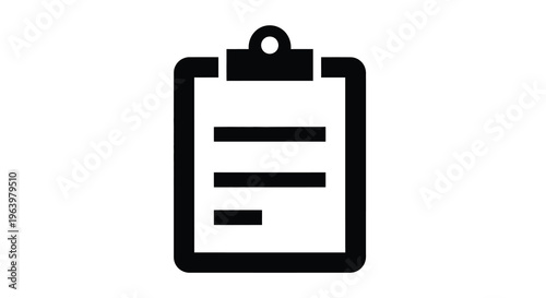 A simple black and white icon depicts a clipboard with four horizontal lines representing text or notes high quality professional detailed