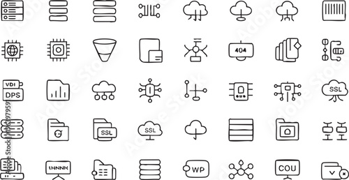 Cloud network and server line icon set for database storage and IT infrastructure