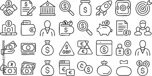 Minimal line icons of finance, savings, investment and business strategy elements