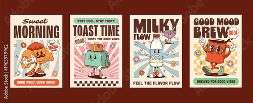 Funky groovy hippie breakfast food characters posters. Vector playful croissant, toaster, milk bottle, and coffee cup. Groovy psychedelic mascots for dinner walls, kitchen decor, nostalgic merchandise