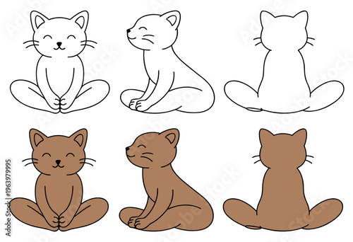 Cat in Baddha Konasana Butterfly yoga pose, front, back and overhead views,  colorful and transparent design, vector set