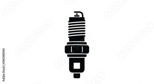 A stark black silhouette displays a single automotive spark plug showcasing its metallic body and hexagonal base high quality professional detailed