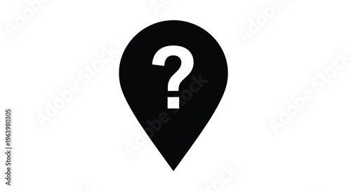 A simple black icon depicts a location pin with a white question mark inside suggesting uncertainty high quality professional detailed modern