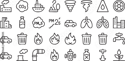 Environment pollution and climate change line icons set for ecological and sustainability design