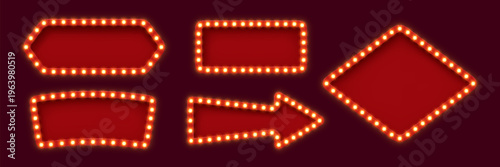Retro lightboxes or light bulb marquee frames of Broadway billboard and circus board, vector signage. Retro lightbox with arrow for casino or cabaret and cinema movie theater banner with lamps frame