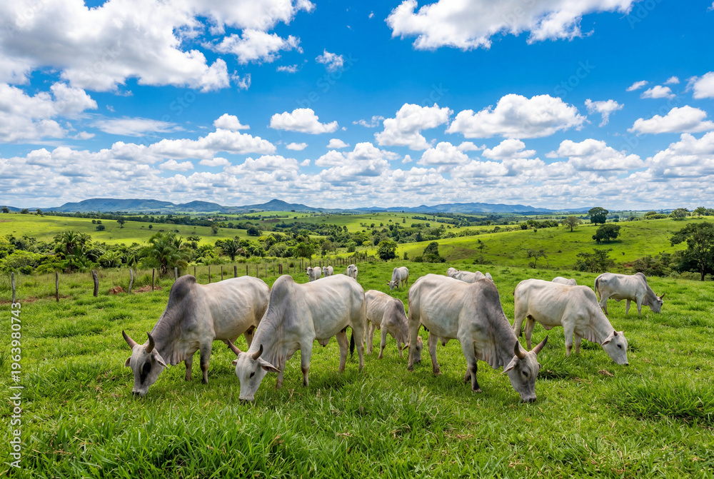 Fototapeta premium Herd of white zebu cattle grazing peacefully in a vibrant green rural pasture under a blue sky