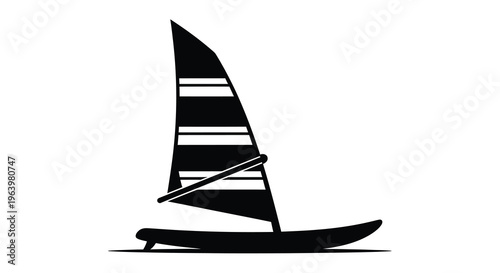 A minimalist black and white illustration depicts a windsurfing sailboard showcasing a sleek design and maritime activity high quality professional detailed