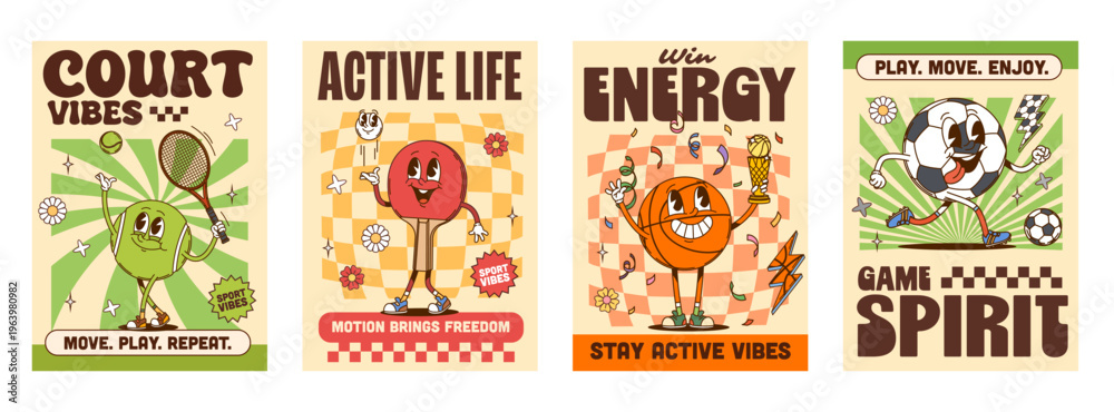 Obraz premium Sports y2k groovy hippie posters with happy characters. Vector retro mascots of tennis racket, ping pong paddle, basketball or soccer balls. Slogans win energy, game spirit, active life, court vibes