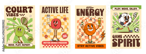 Sports y2k groovy hippie posters with happy characters. Vector retro mascots of tennis racket, ping pong paddle, basketball or soccer balls. Slogans win energy, game spirit, active life, court vibes
