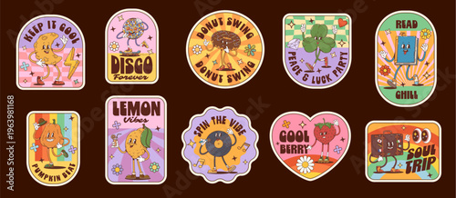 Groovy label stickers and funky retro patches of 70s disco vibe with cheese and suitcase, donut book and clover, vinyl record, pumpkin and lemon, disco ball and strawberry cartoon vector characters