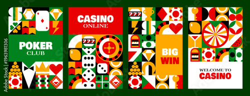 Online casino and poker club geometric pattern. Vector retro modern gambling game posters featuring playing cards, dice, roulette and slot machine. Jackpot, chip, diamond, heart, crown and key trophy