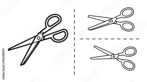 Set of four outline scissors with dotted lines, isolated vector illustration on white background for design.