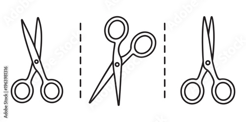 Three different black outline scissors with dotted lines for cutting, isolated vector illustration on white background.