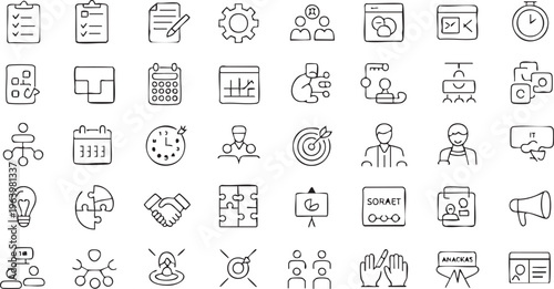 Business project management line icons set for workflow, planning and productivity systems