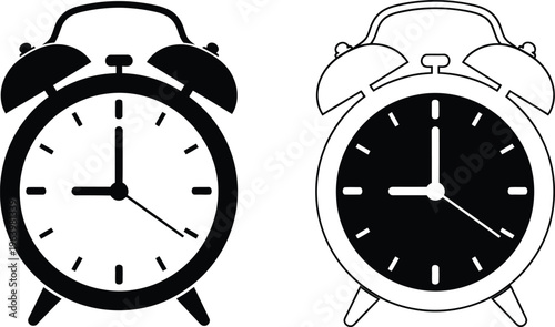 Black and white illustration of two analog alarm clocks