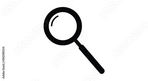 A simple black and white illustration depicts a magnifying glass angled diagonally on a white background high quality professional detailed modern